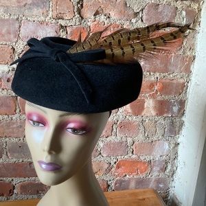 Vintage Classic Black Wool Pillbox Hat with Feather Accent